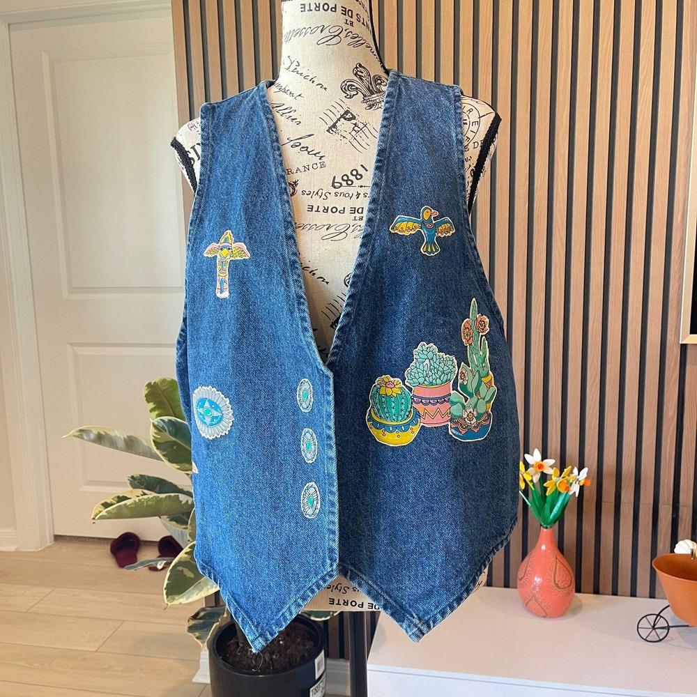 Vintage Southwestern Denim‎ Vest Aztec Cactus Cowboy Boots Western Women's